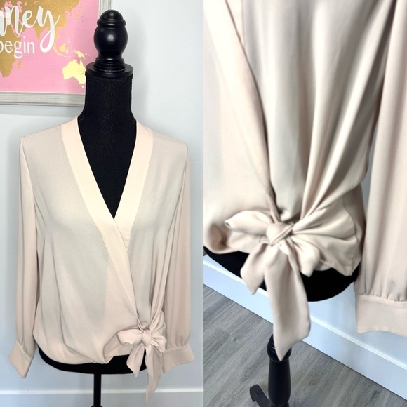 Chelsea28 Beige Long Sleeve Front Tie Women’s Blouse (S) - Picture 1 of 7